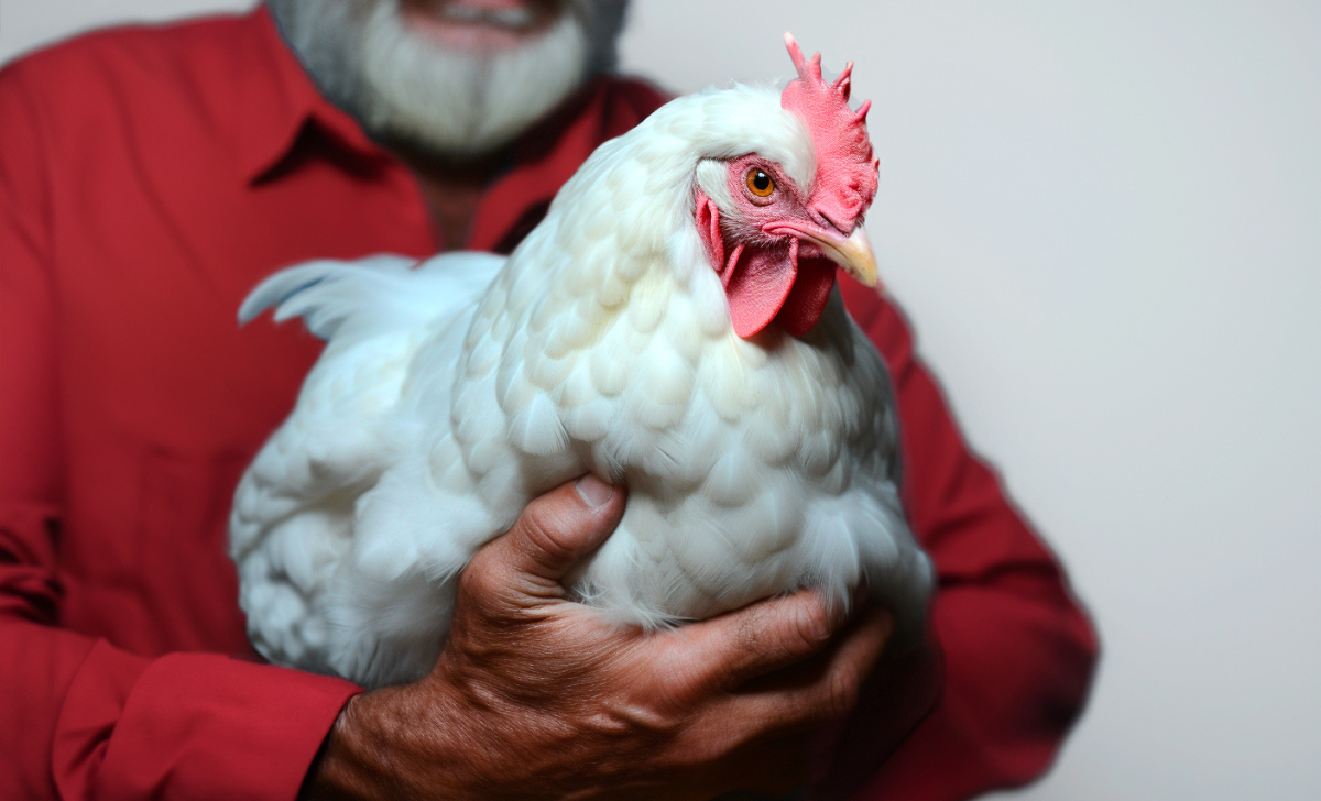 Broiler in the arms of the breeder