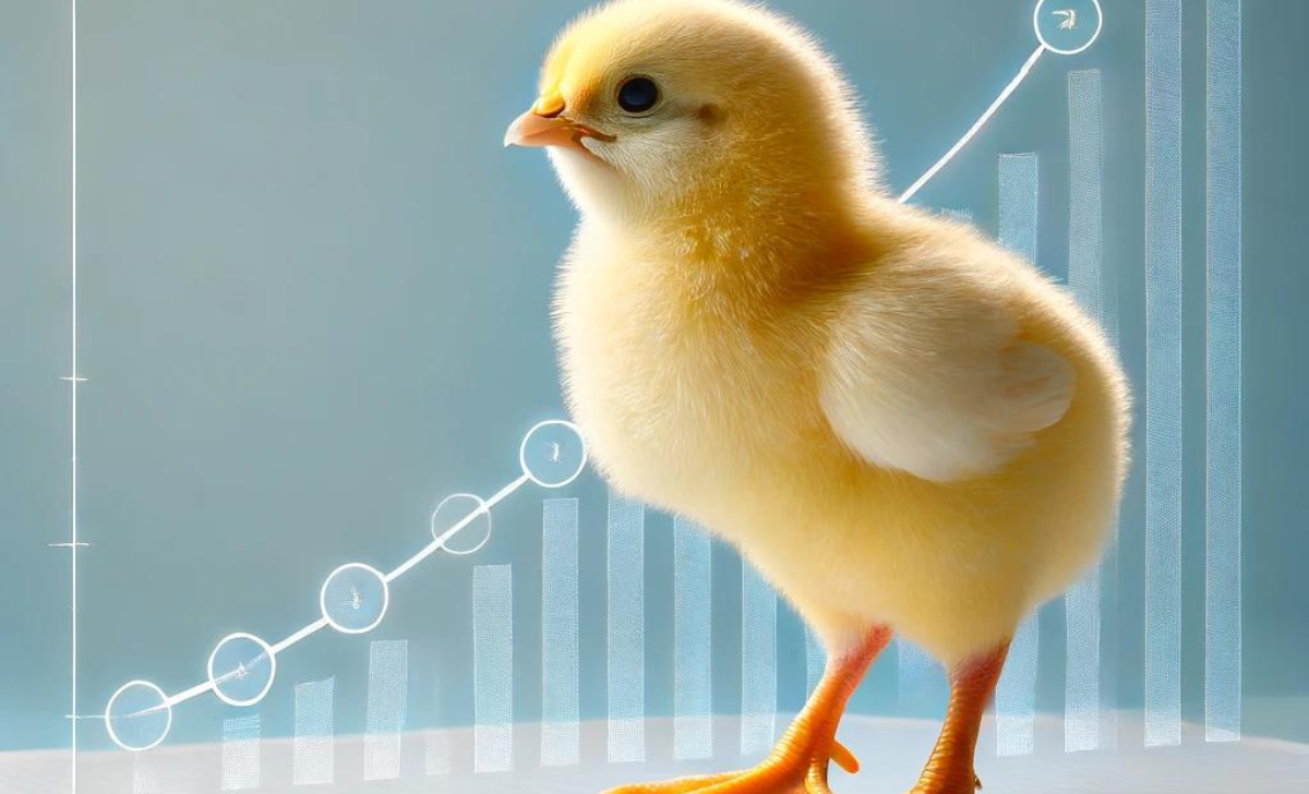 Yellow Chick Standing in Front of Rising Growth Chart – Symbolizing Positive Trends in Poultry Development