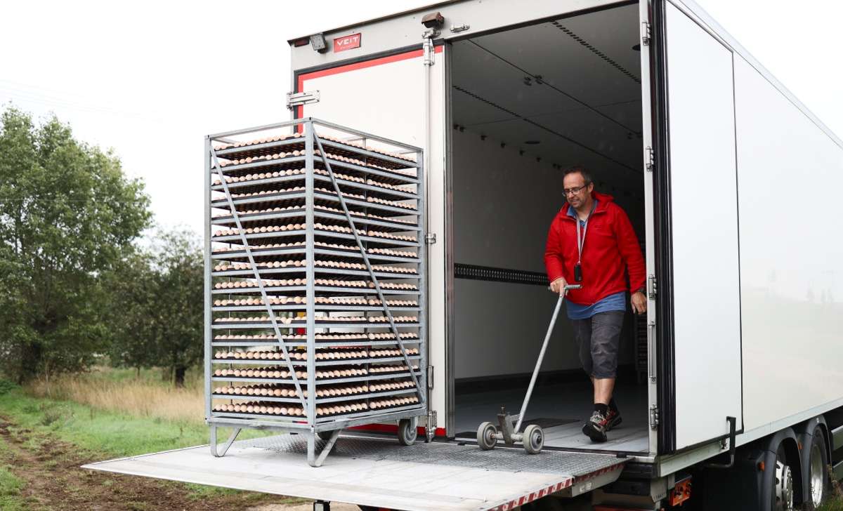 A man unloading eggs from a van and taking them to the warehouse